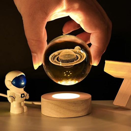 3d Galaxy Solar System Crystal Ball Night Light With Wooden Base For Boys And Girls