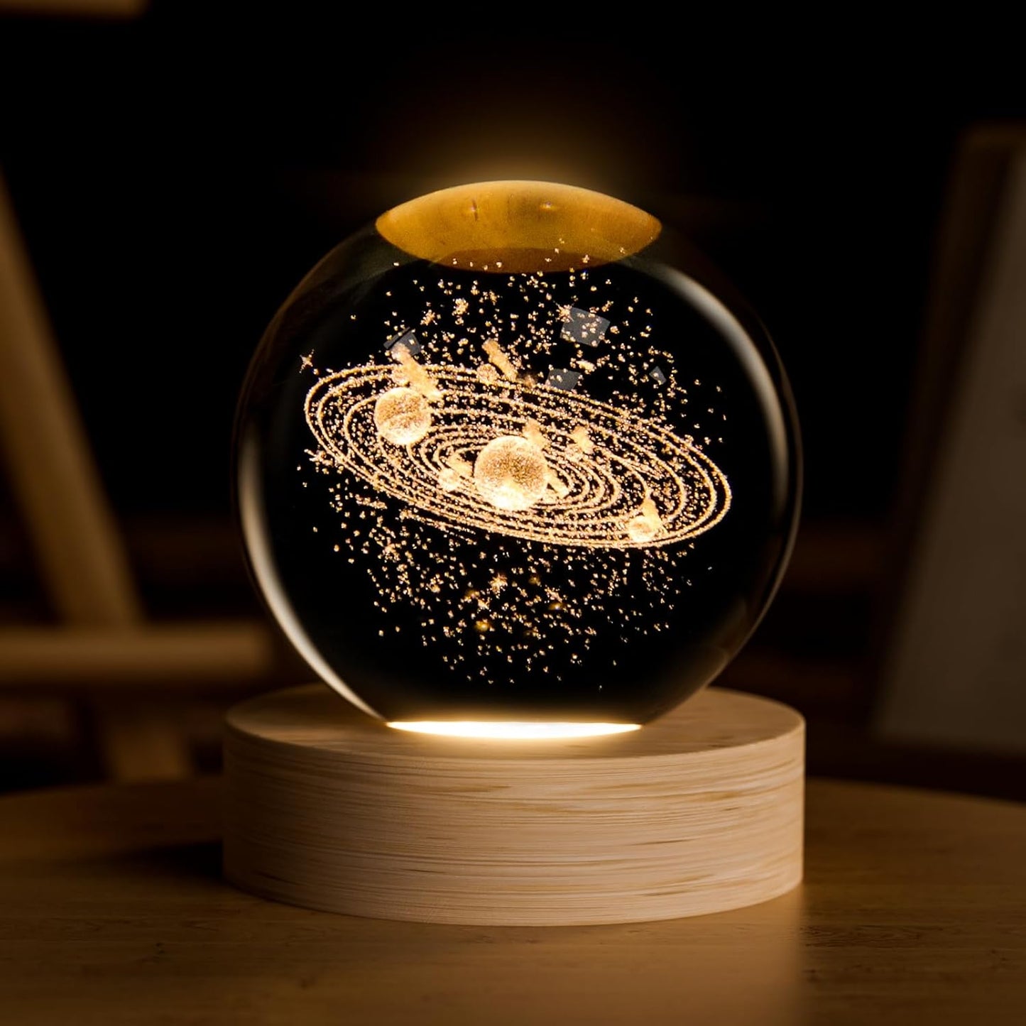 3d Galaxy Solar System Crystal Ball Night Light With Wooden Base For Boys And Girls