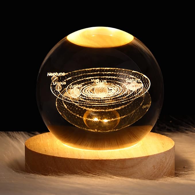 3d Galaxy Solar System Crystal Ball Night Light With Wooden Base For Boys And Girls