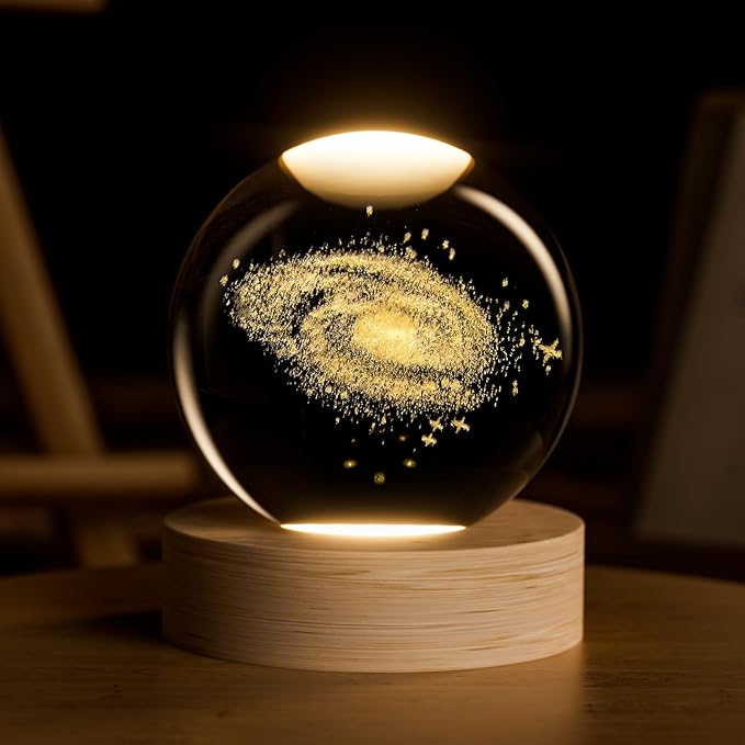 3d Galaxy Solar System Crystal Ball Night Light With Wooden Base For Boys And Girls